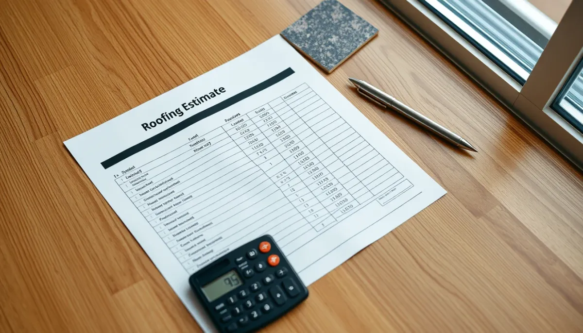 Devis détaillé de réfection de toiture posé sur une table en bois avec calculatrice et échantillon de tuile