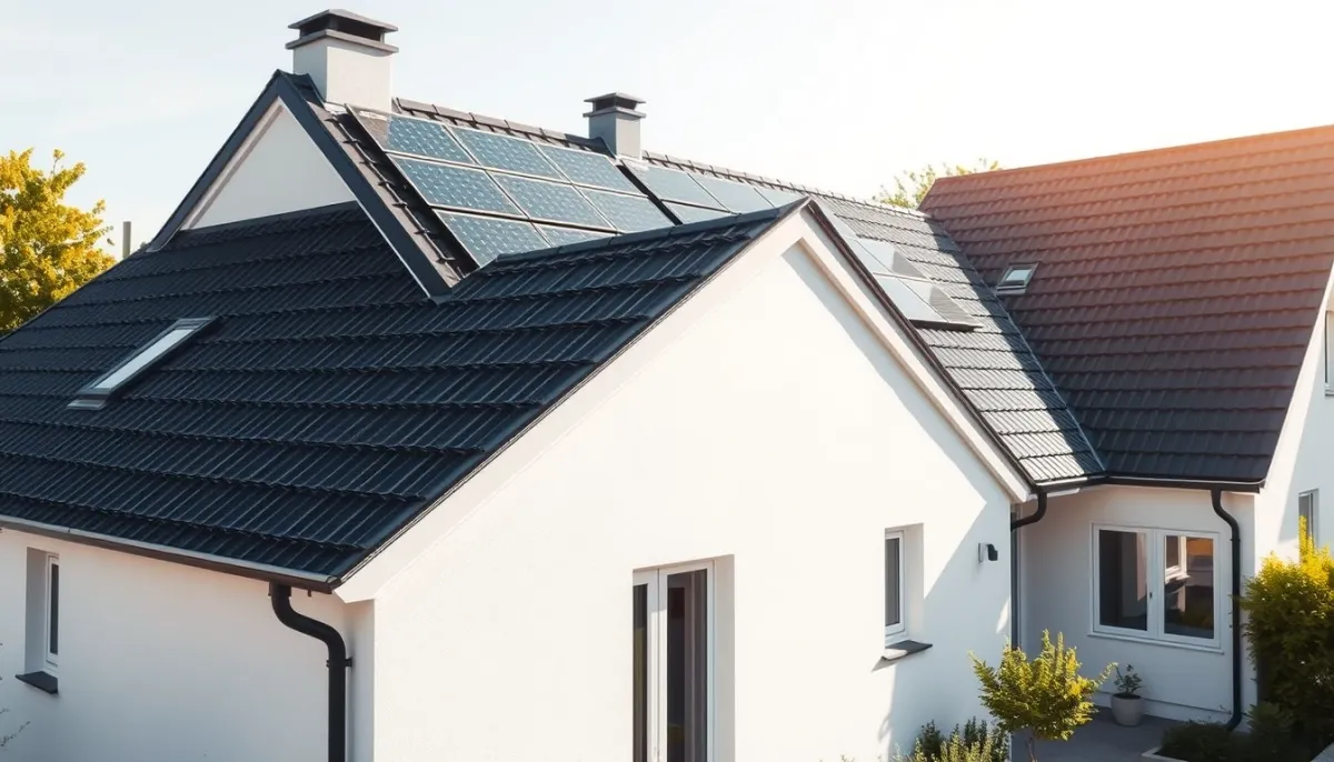 Maison rénovée avec toiture neuve et panneaux solaires intégrés, illustrant les aides financières