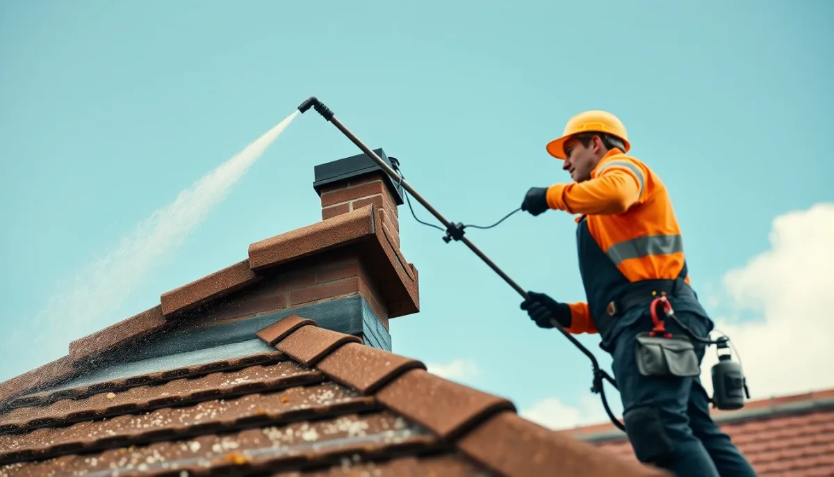 Professionnel appliquant un traitement anti-mousse sur une toiture en pente