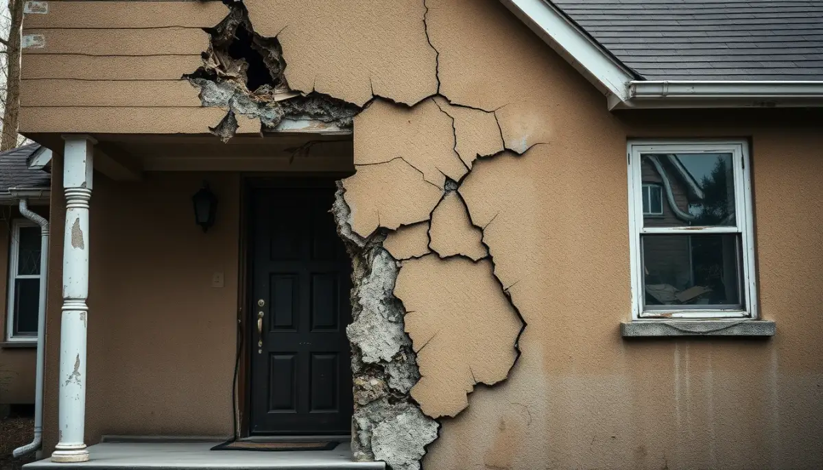 Façade très dégradée avec moisissures et fissures importantes