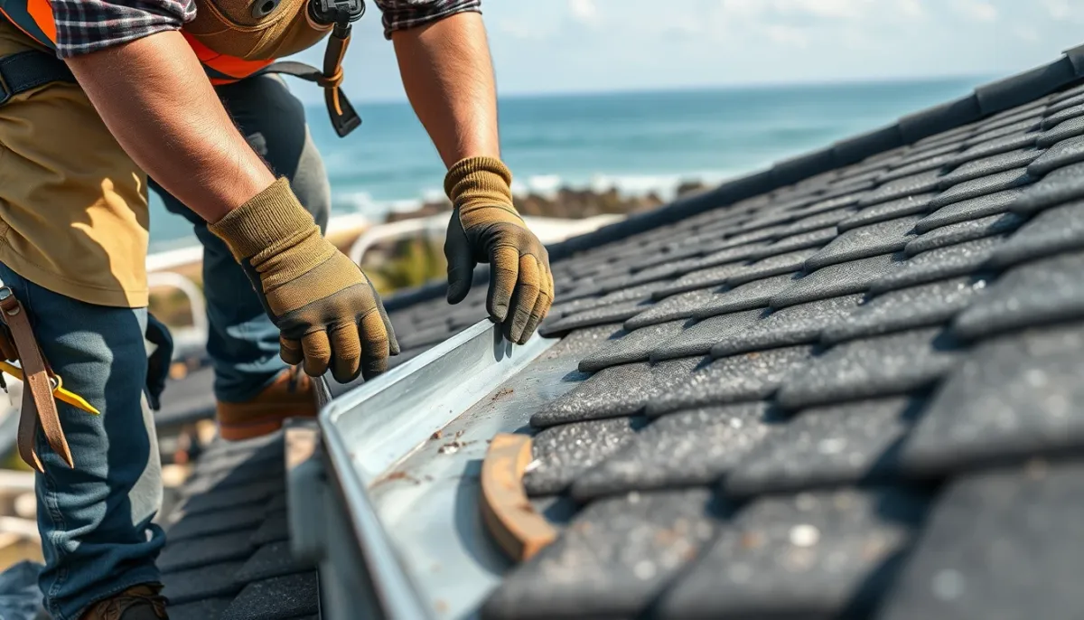 Pose d'une gouttière en zinc par un professionnel sur un toit en bord de mer