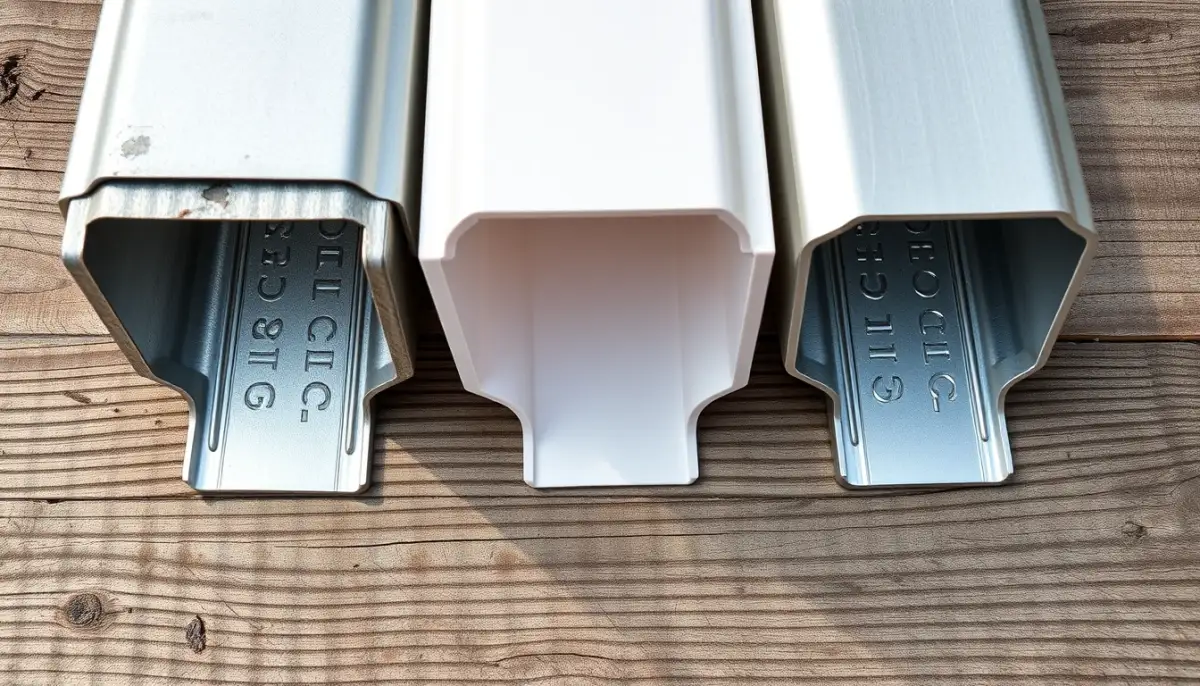 Échantillons de gouttières en zinc, PVC et aluminium côte à côte pour comparaison