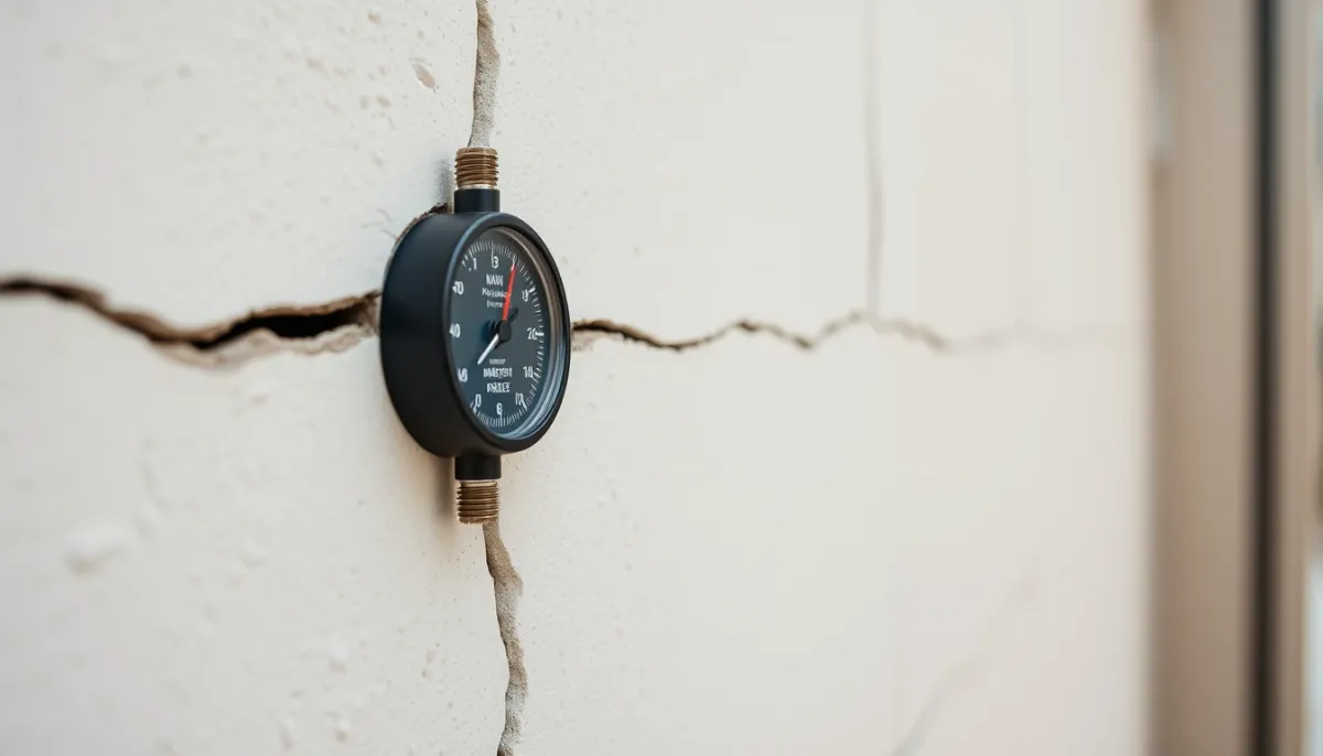Fissure sur un mur avec un témoin de fissure installé pour surveiller son évolution