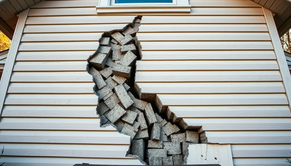 Fissure en escalier sur une façade, indiquant un tassement différentiel