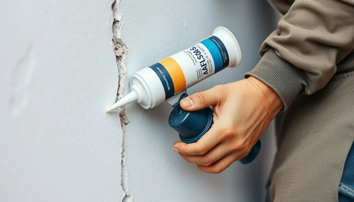 Application d'un mastic de réparation sur une fissure de façade