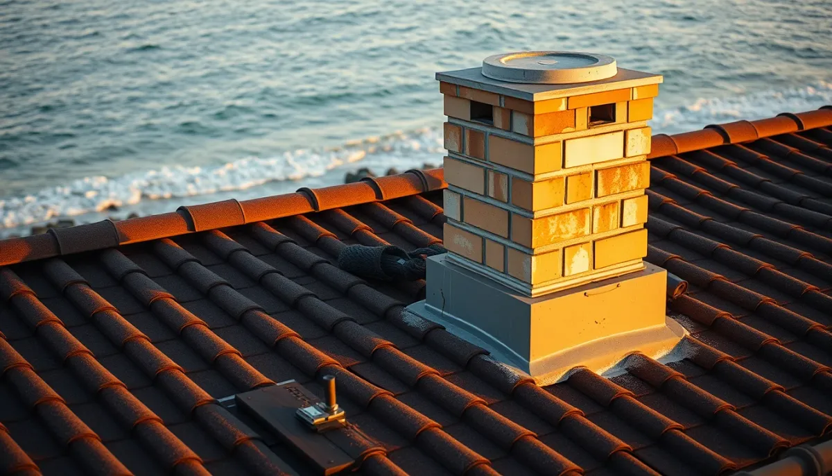 Cheminée entretenue avec solin intact sur un toit de maison en bord de mer, vue large