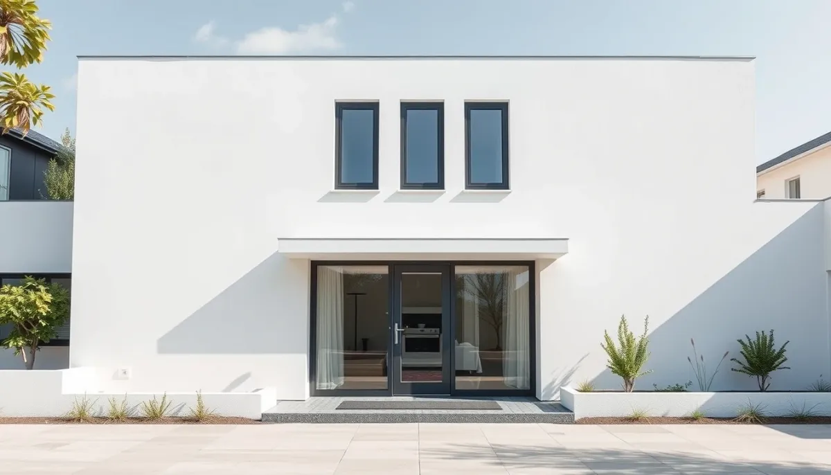 Maison contemporaine avec une façade en enduit monocouche de teinte claire