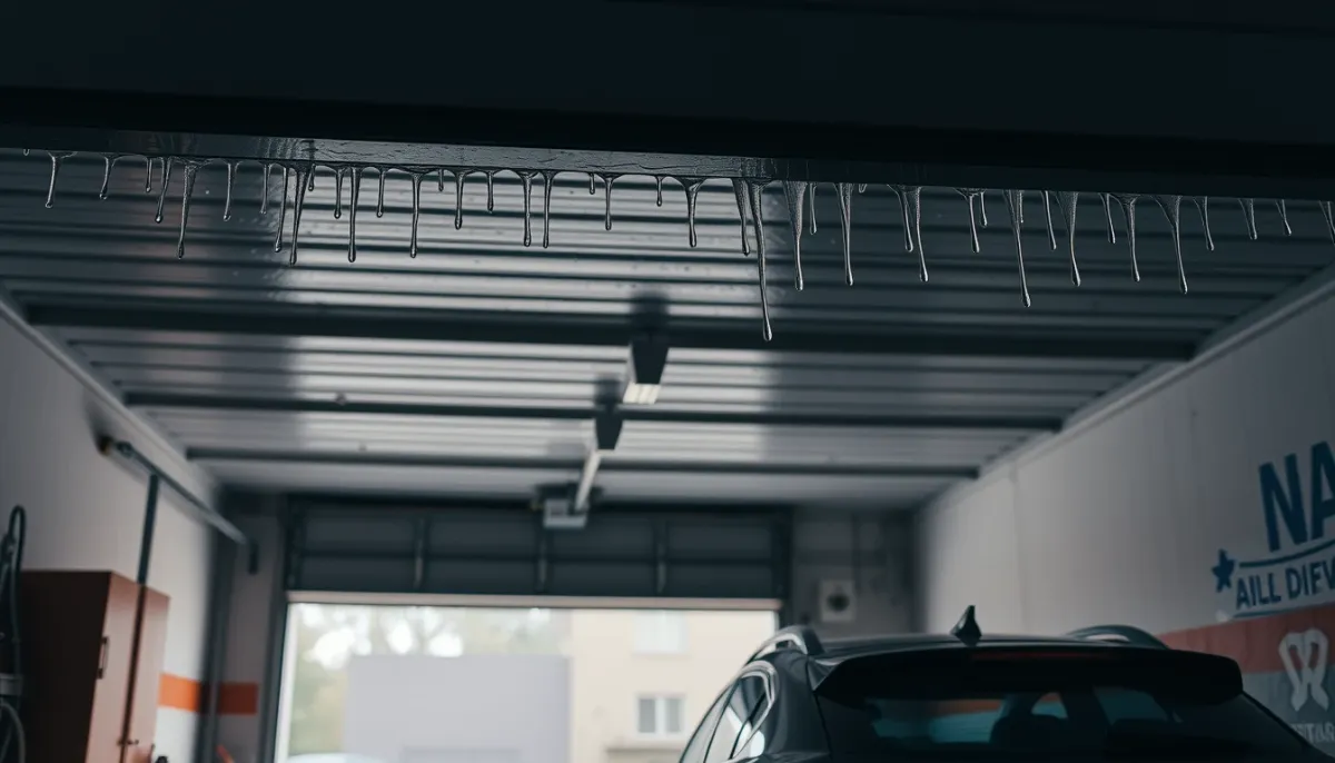 Intérieur de garage avec condensation sur toiture bac acier