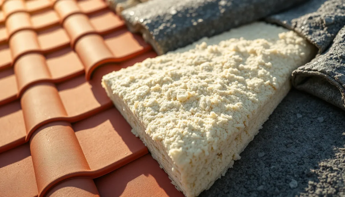 Gros plan sur des tuiles de toiture et des matériaux d'isolation