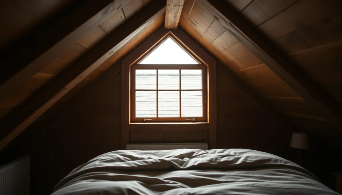 Chambre sous combles avec vue sur une toiture en ardoise, ambiance chaleureuse