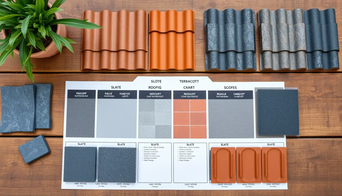 Échantillons de matériaux de toiture (ardoise et tuile) sur une table