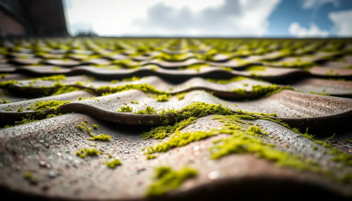 Gros plan sur des tuiles de toit envahies par la mousse, montrant l'humidité retenue