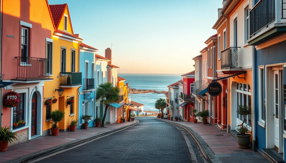 Rue pittoresque de la Côte d'Opale avec des façades colorées et la mer en arrière-plan
