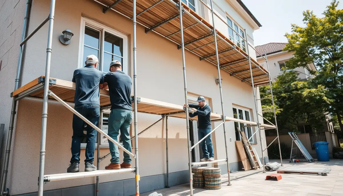 Échafaudage installé devant une façade de maison en cours de ravalement, avec des ouvriers préparant la surface