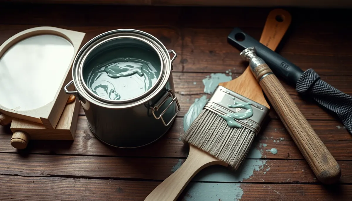 Pot de peinture et pinceau sur un support en bois, vue de dessus