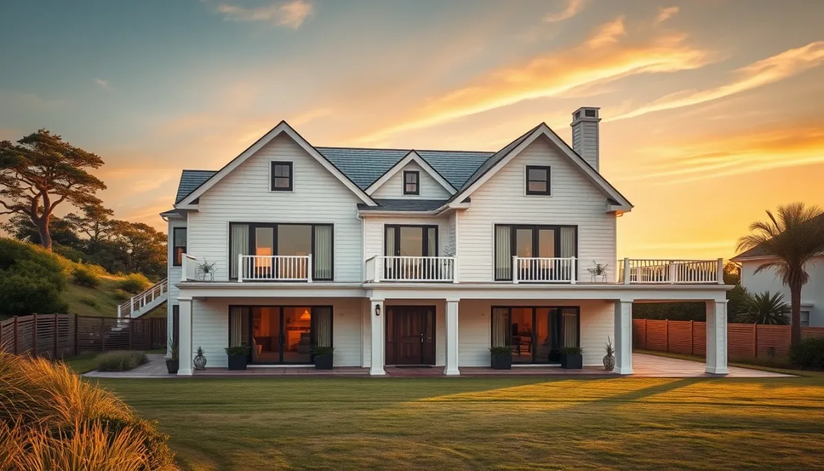 Maison littorale moderne avec façade récemment peinte au coucher du soleil