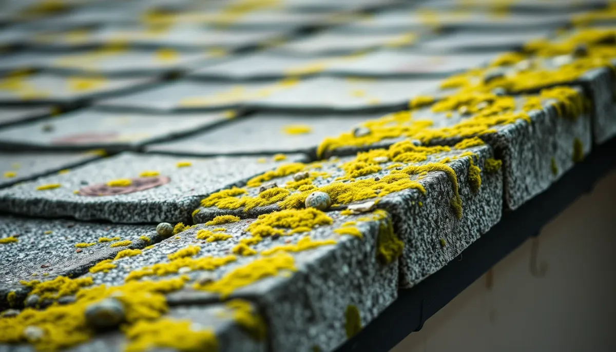 Plaques de fibrociment avec mousse et lichens sur une toiture