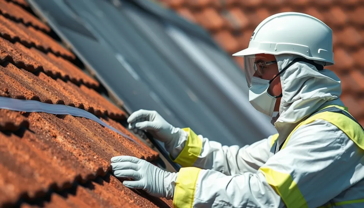 Technicien certifié retirant des plaques de fibrociment avec équipement de protection