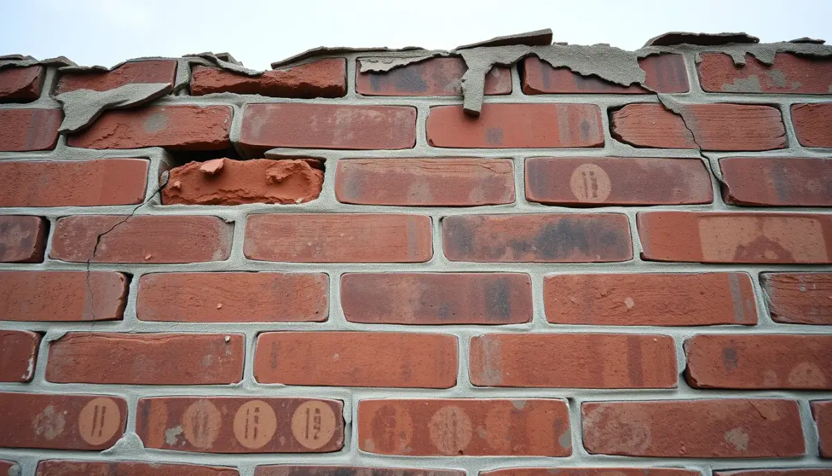 Mur en brique avec des joints dégradés et érodés nécessitant un rejointoiement