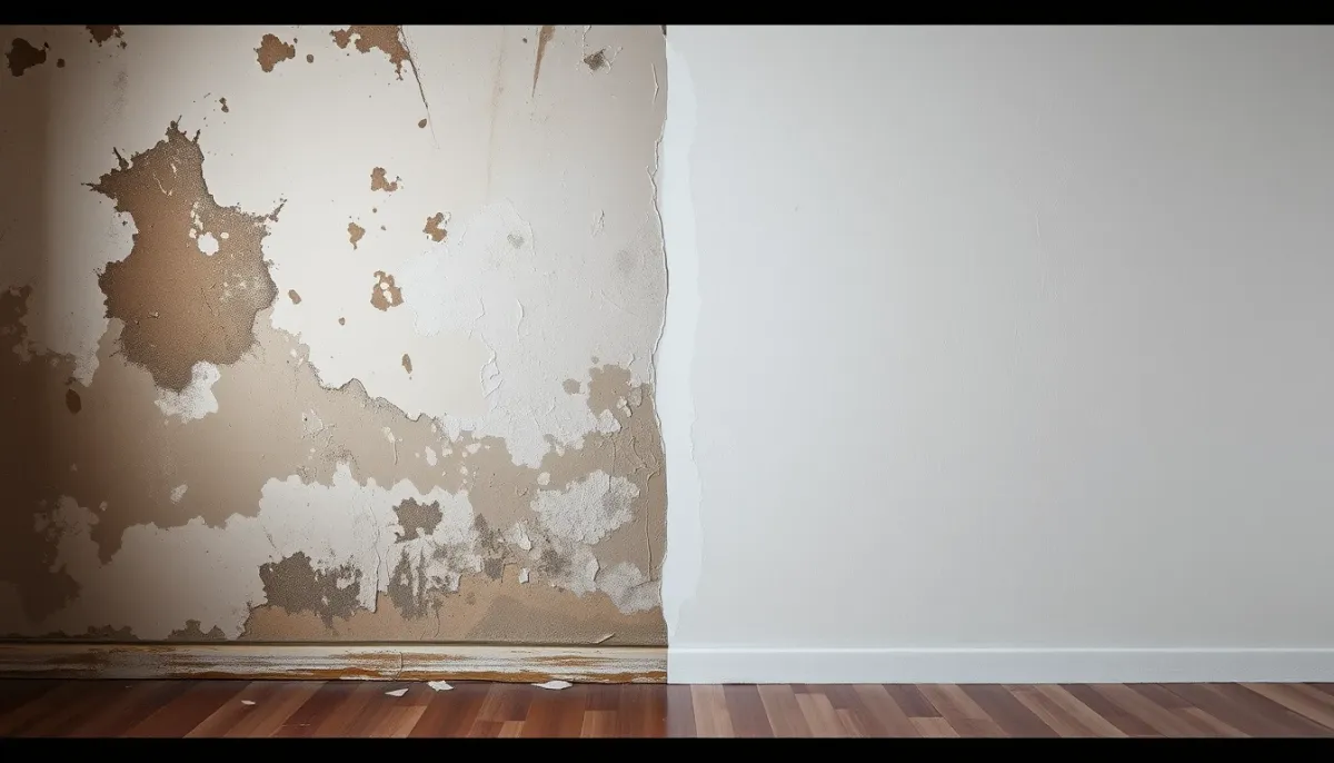 Comparaison avant-après : mur moisi et mur repeint avec peinture anti-humidité