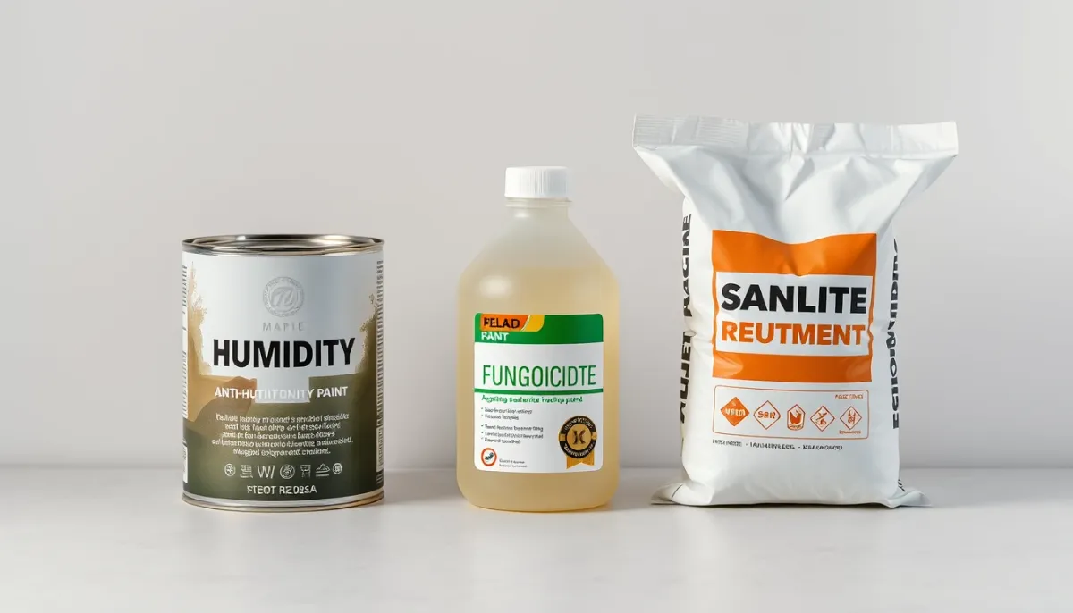 Trois produits côte à côte : peinture anti-humidité, traitement fongicide et enduit d'assainissement