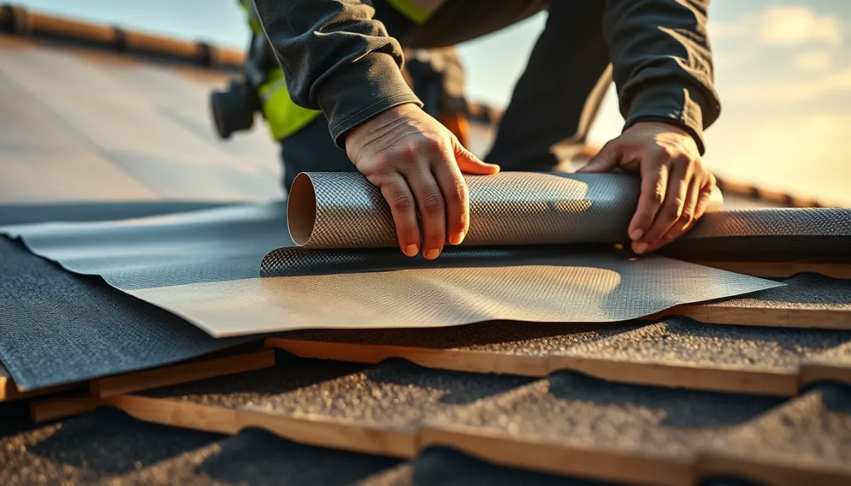 Artisan déroulant un écran sous toiture sur une toiture en cours de réparation