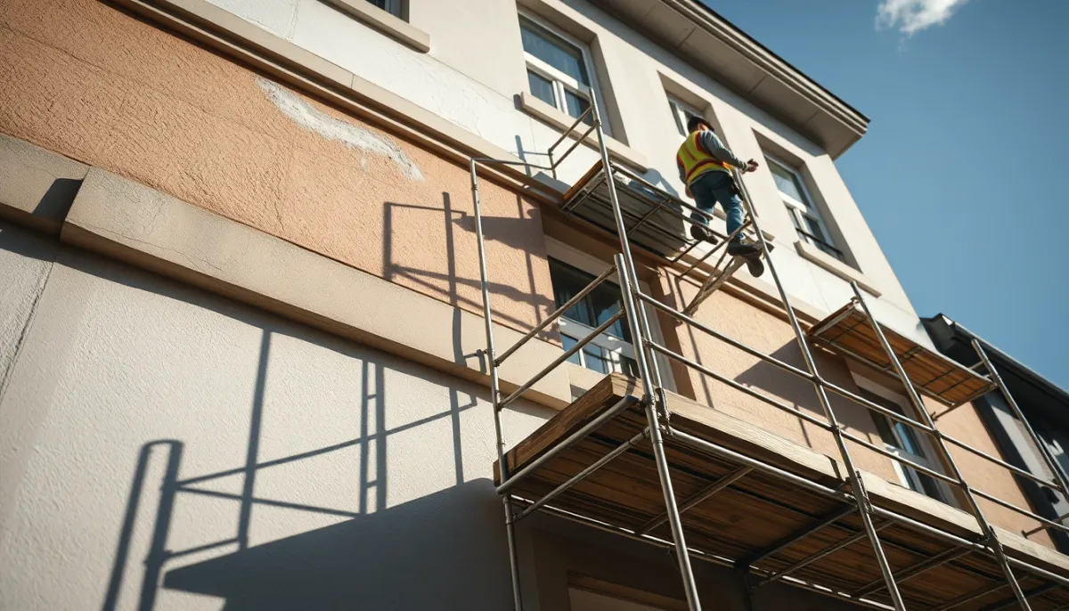 Travaux de ravalement de façade en cours avec échafaudage et application d'enduit