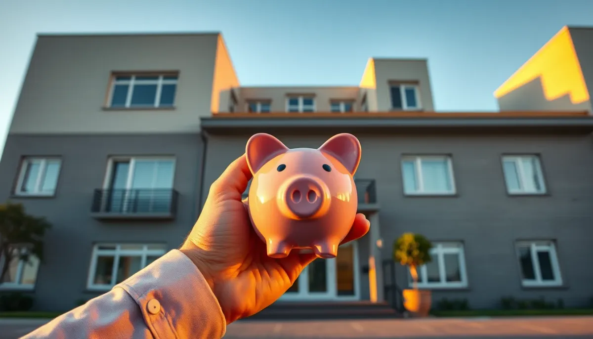 Façade rénovée avec une personne tenant une tirelire, illustrant les économies réalisées après aides