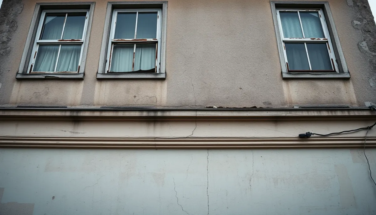Façade dégradée avec peinture écaillée et fissures, montrant les risques d'un ravalement non subventionné