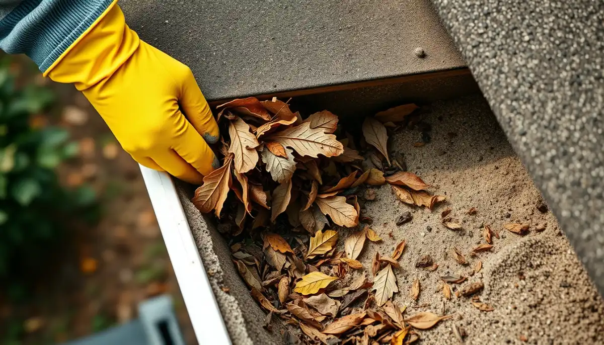 Nettoyage manuel d'une gouttière obstruée par des feuilles mortes