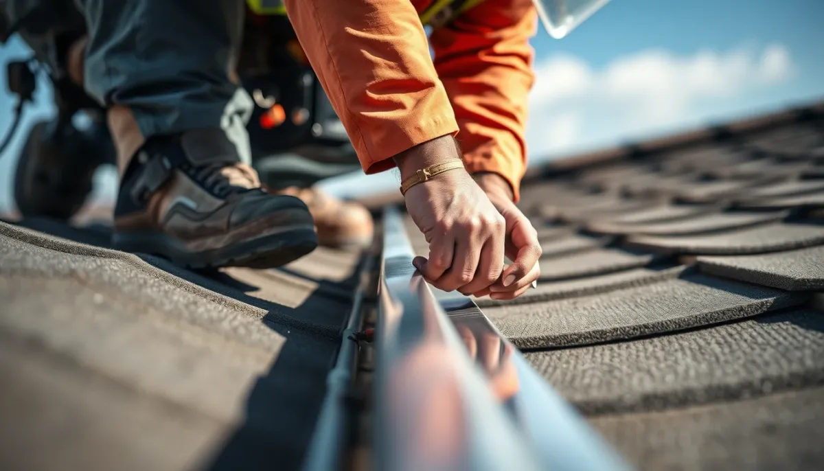 Installateur professionnel réparant une gouttière en zinc sur un toit