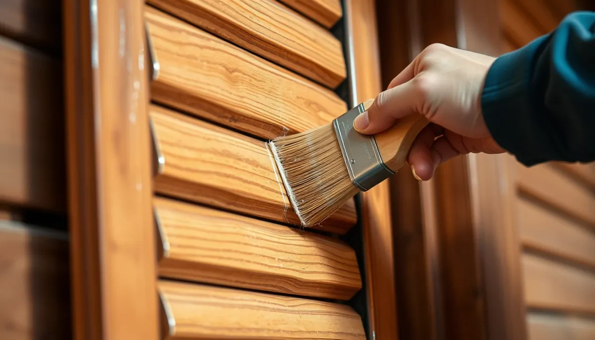 Application d'une lasure microporeuse au pinceau sur un volet en bois