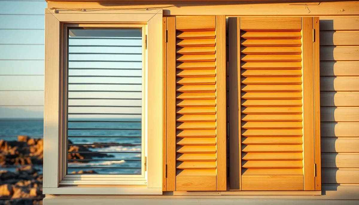 Maison en bord de mer avec volets en bois lasurés, vue extérieure