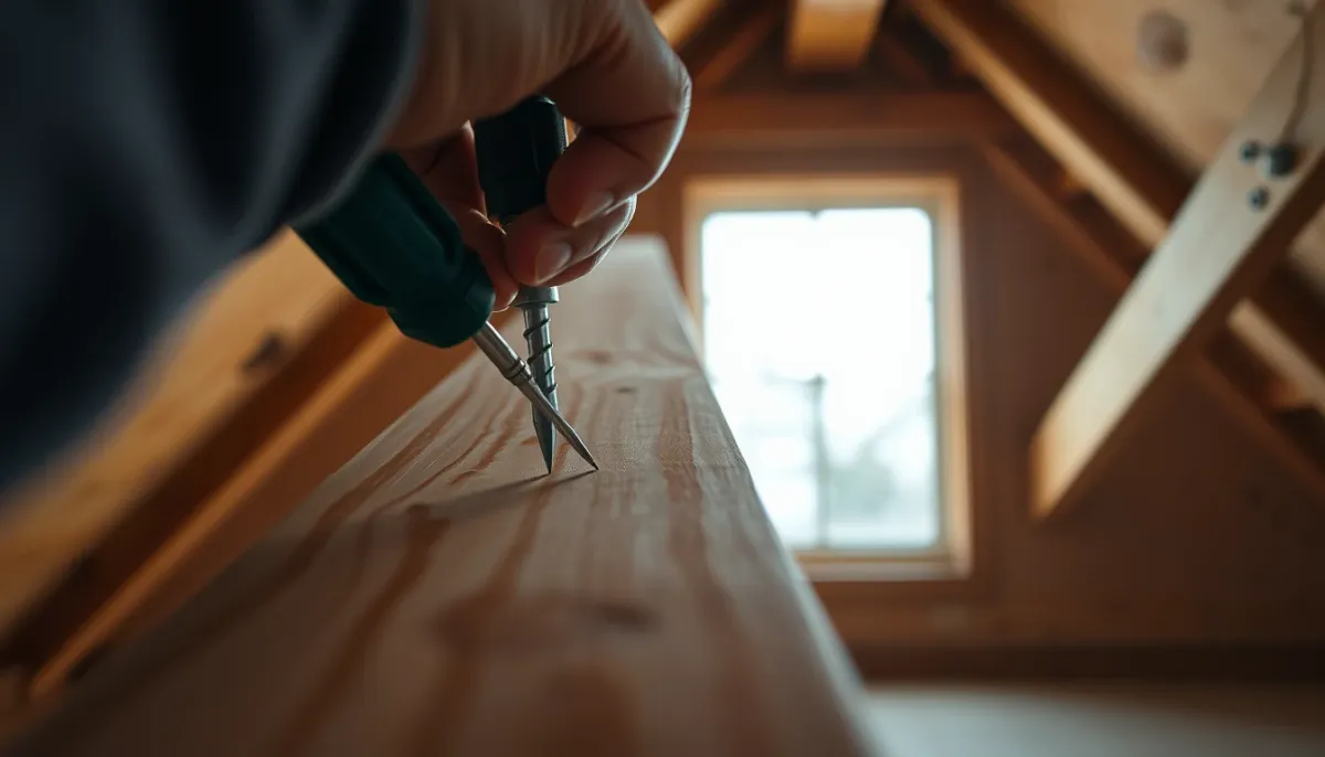 Vérification d'une poutre en bois avec un tournevis pour détecter la fragilité due à l'humidité